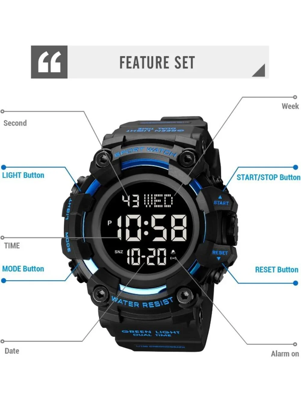 Men's Black Blue Analog Quartz Rubber Band Waterproof Electronic Digital Watch